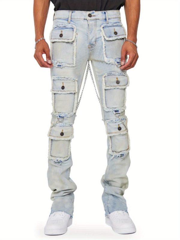 men skinny jeans retro distressed slim fit denim pants solid color long trousers streetwear