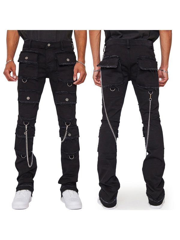 men skinny jeans retro distressed slim fit denim pants solid color long trousers streetwear