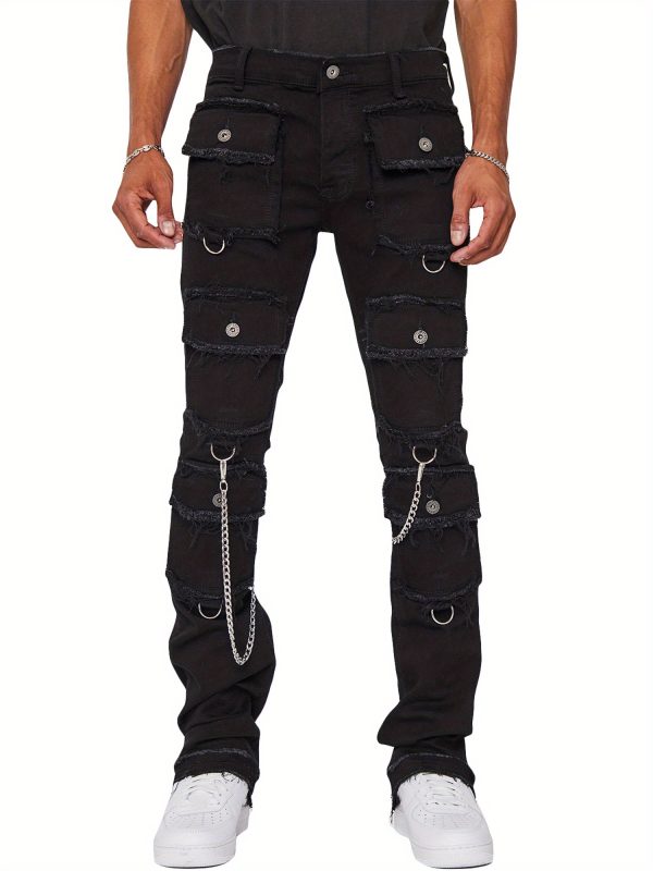 men skinny jeans retro distressed slim fit denim pants solid color long trousers streetwear