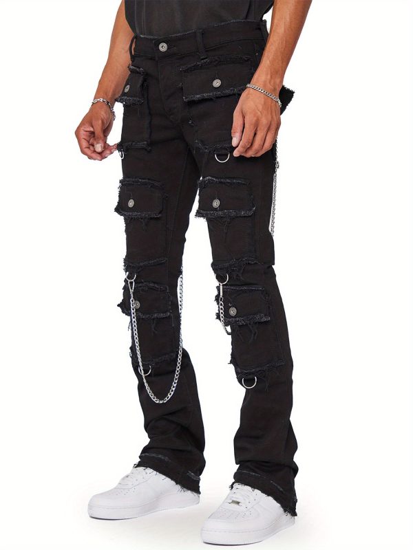 men skinny jeans retro distressed slim fit denim pants solid color long trousers streetwear