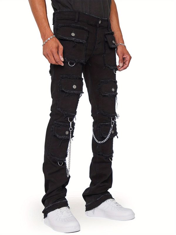 men skinny jeans retro distressed slim fit denim pants solid color long trousers streetwear