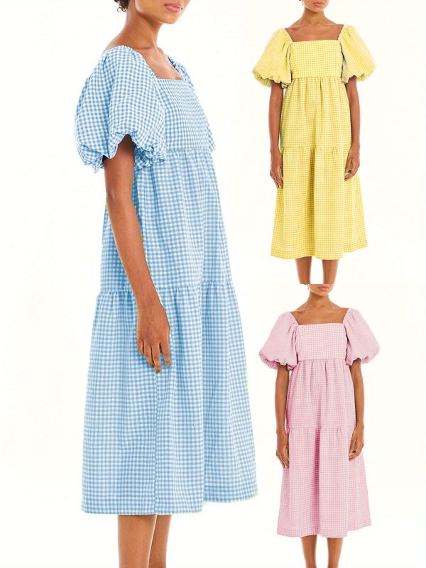 elegant pink & white plaid maxi dress for women square neck, puff sleeve, backless summer swing dress with ruffled hem, casual style for springu002fsummeru002ffall