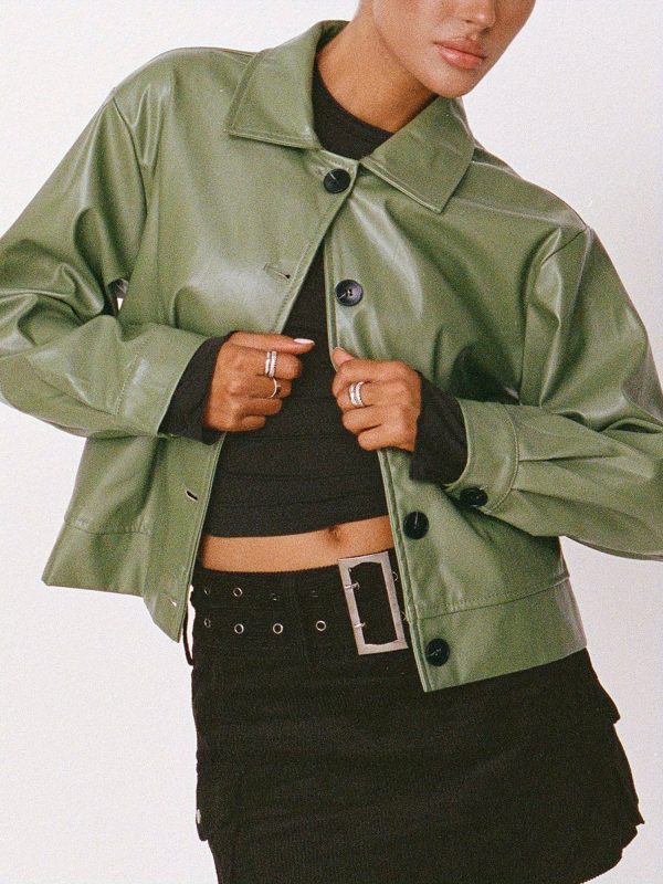 women's casual leather like crop jacket solid color long sleeve button front cardigan coat with chest pocket, warm fall winter outerwear, versatile streetwear & everyday jacket for women (hand washu002fdry clean)