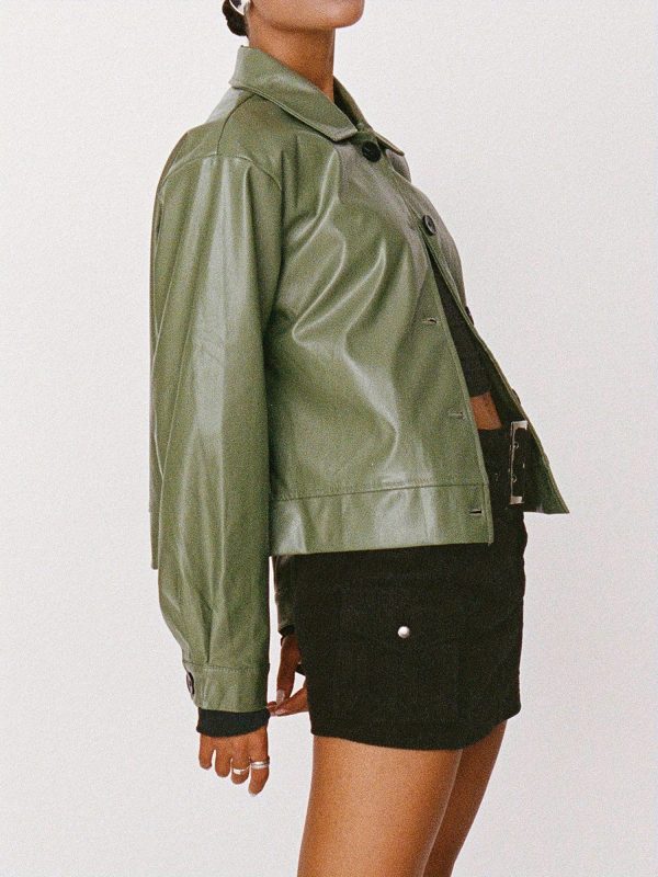 women's casual leather like crop jacket solid color long sleeve button front cardigan coat with chest pocket, warm fall winter outerwear, versatile streetwear & everyday jacket for women (hand washu002fdry clean)