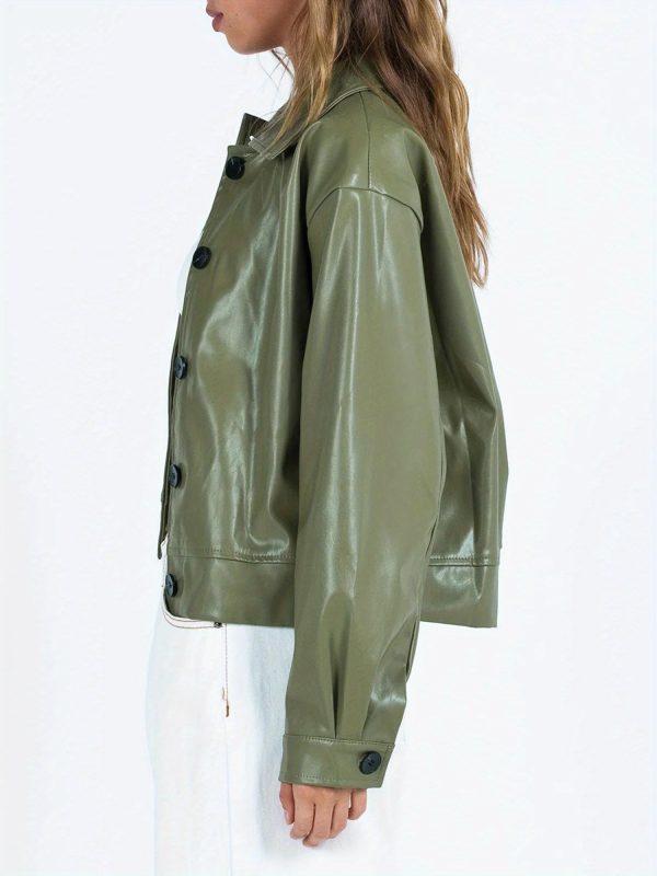 women's casual leather like crop jacket solid color long sleeve button front cardigan coat with chest pocket, warm fall winter outerwear, versatile streetwear & everyday jacket for women (hand washu002fdry clean)