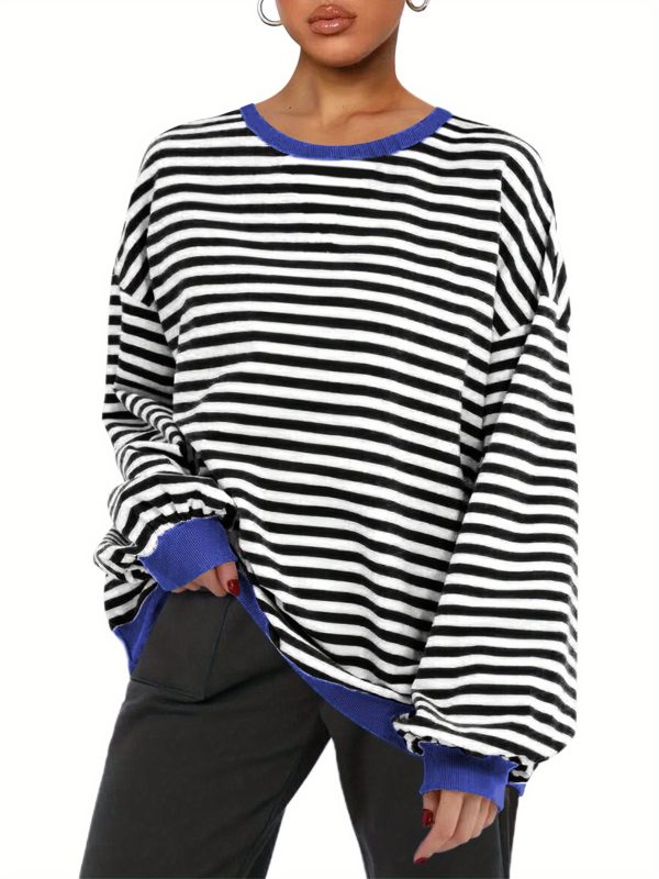 women's striped sweatshirt contrast color long sleeve round neck oversized casual pullover tops