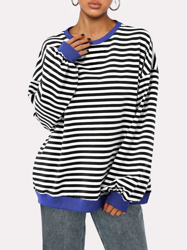 women's striped sweatshirt contrast color long sleeve round neck oversized casual pullover tops