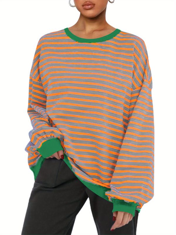 women's striped sweatshirt contrast color long sleeve round neck oversized casual pullover tops