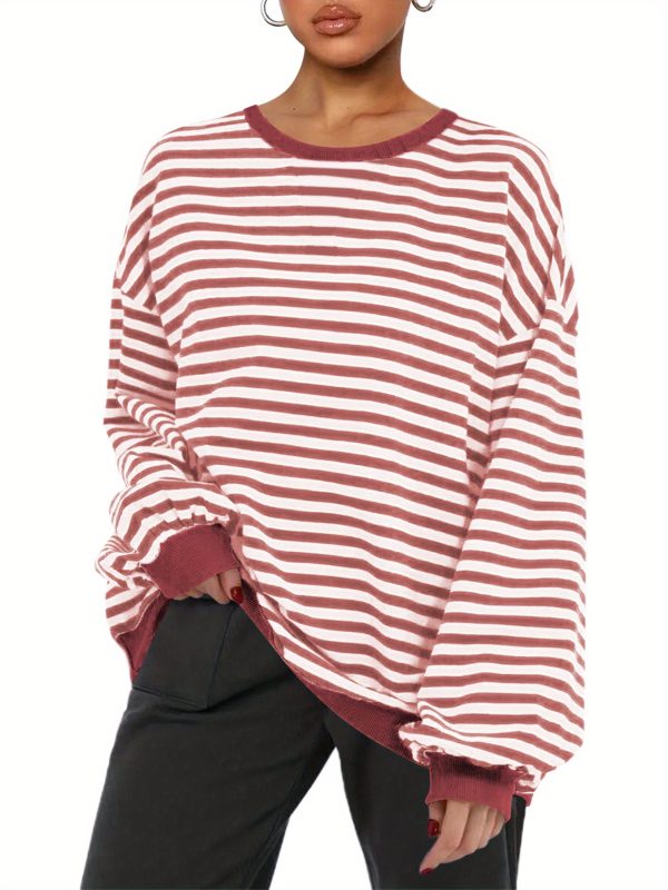 women's striped sweatshirt contrast color long sleeve round neck oversized casual pullover tops