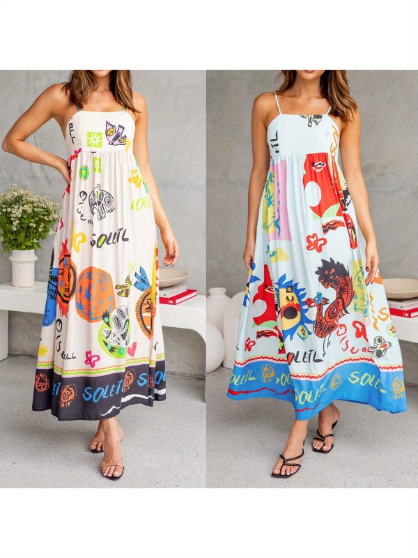 women's summer sleeveless dress, cartoon print tie back a line party dress for vacation cocktail beach streetwear, summer party dress | playful graphic dress | machine washable dress