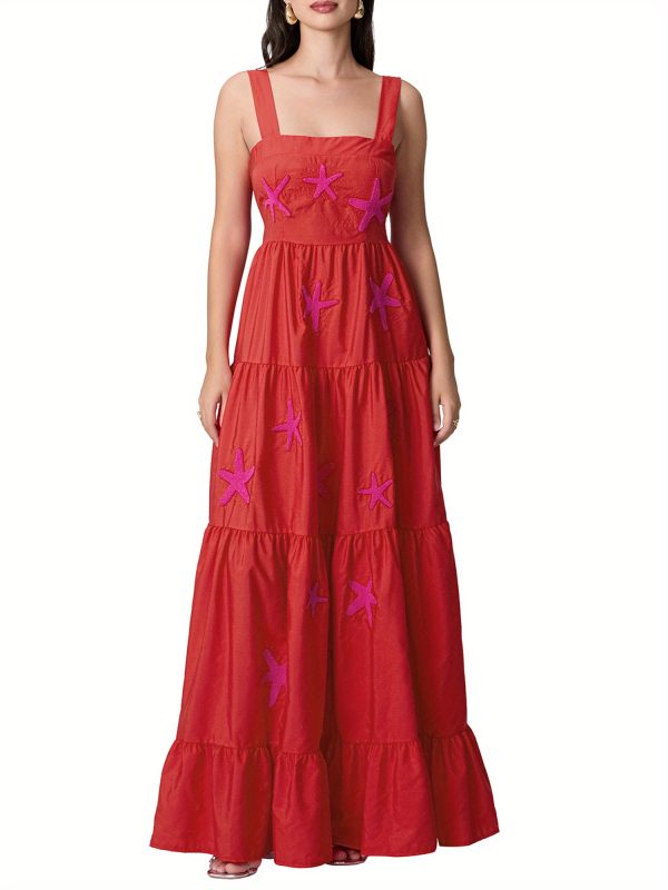 sleeveless square neck embroidered tiered midi slip dress for women