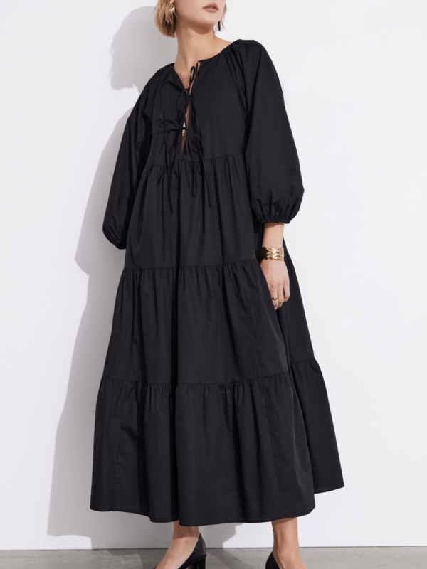 elegant tie front a line midi dress for women long sleeve, round neck, flowy polyester perfect for springu002fsummer