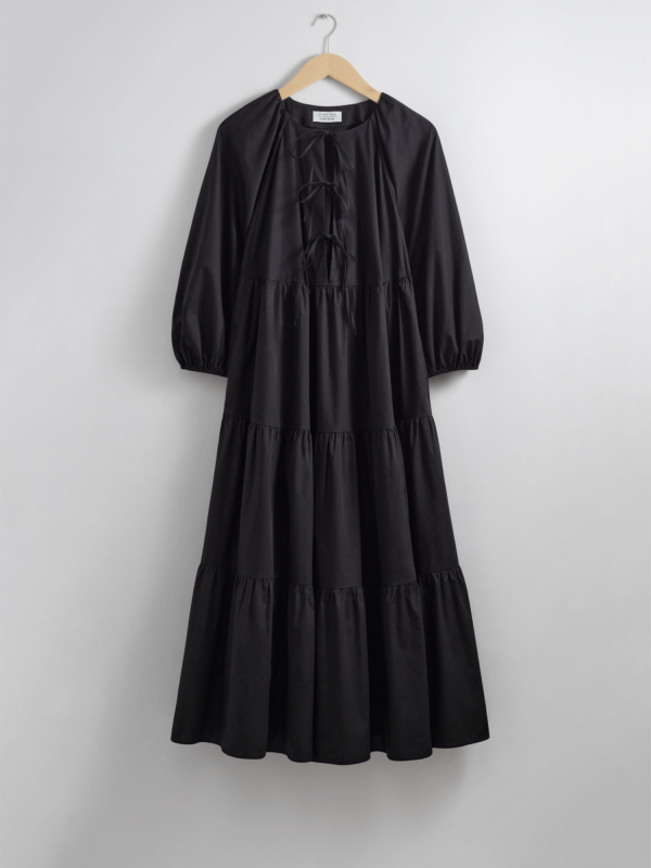 elegant tie front a line midi dress for women long sleeve, round neck, flowy polyester perfect for springu002fsummer