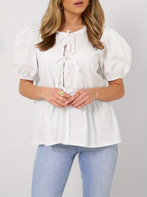 1pc elegant women's crew neck tie front puff sleeve shirt 100% polyester solid color loose blouse for all seasons