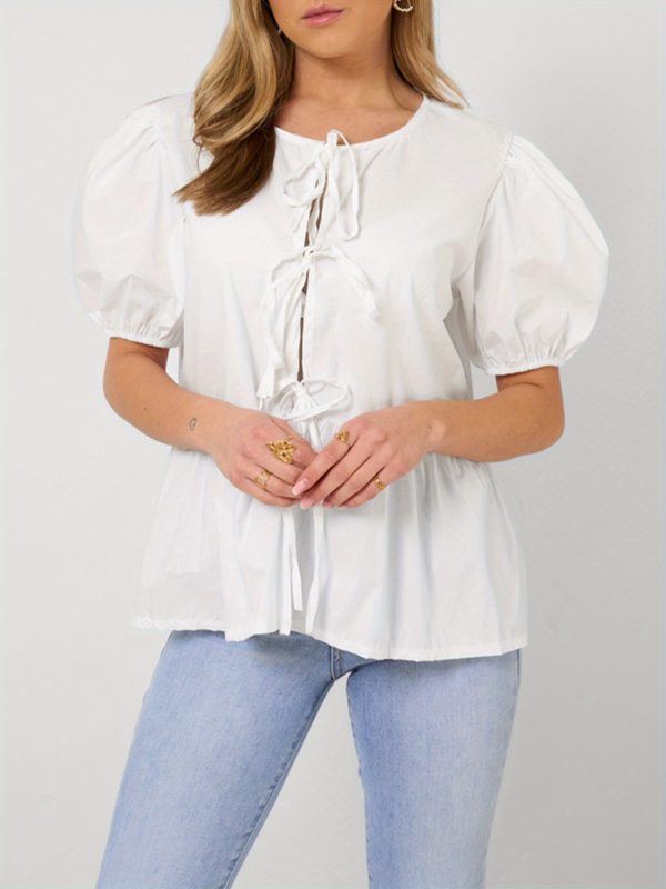 1pc elegant women's crew neck tie front puff sleeve shirt 100% polyester solid color loose blouse for all seasons