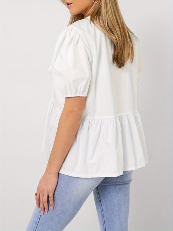 1pc elegant women's crew neck tie front puff sleeve shirt 100% polyester solid color loose blouse for all seasons