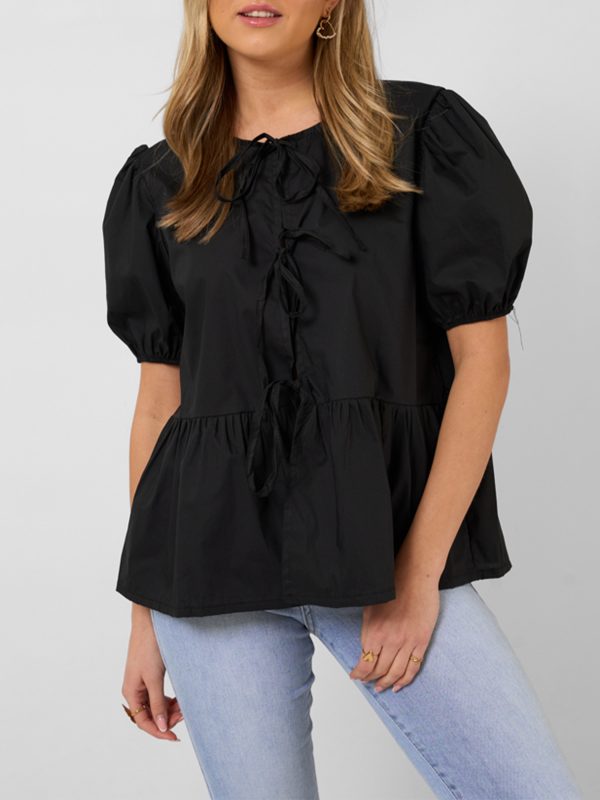 1pc elegant women's crew neck tie front puff sleeve shirt 100% polyester solid color loose blouse for all seasons