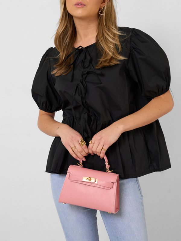 1pc elegant women's crew neck tie front puff sleeve shirt 100% polyester solid color loose blouse for all seasons