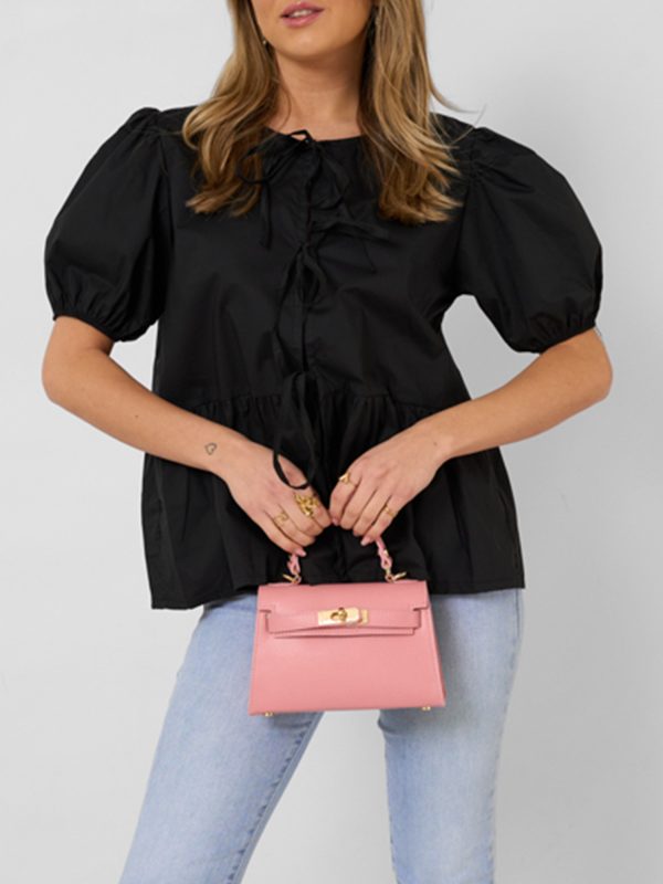 1pc elegant women's crew neck tie front puff sleeve shirt 100% polyester solid color loose blouse for all seasons