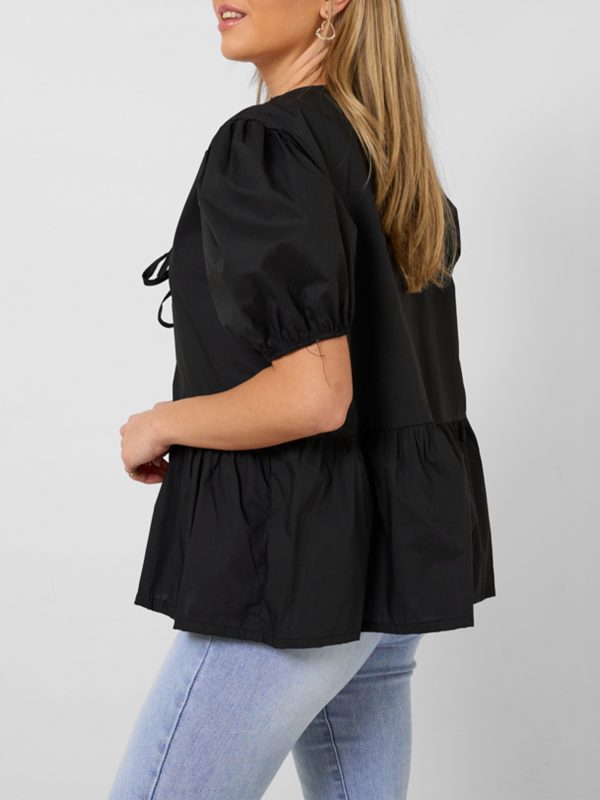 1pc elegant women's crew neck tie front puff sleeve shirt 100% polyester solid color loose blouse for all seasons