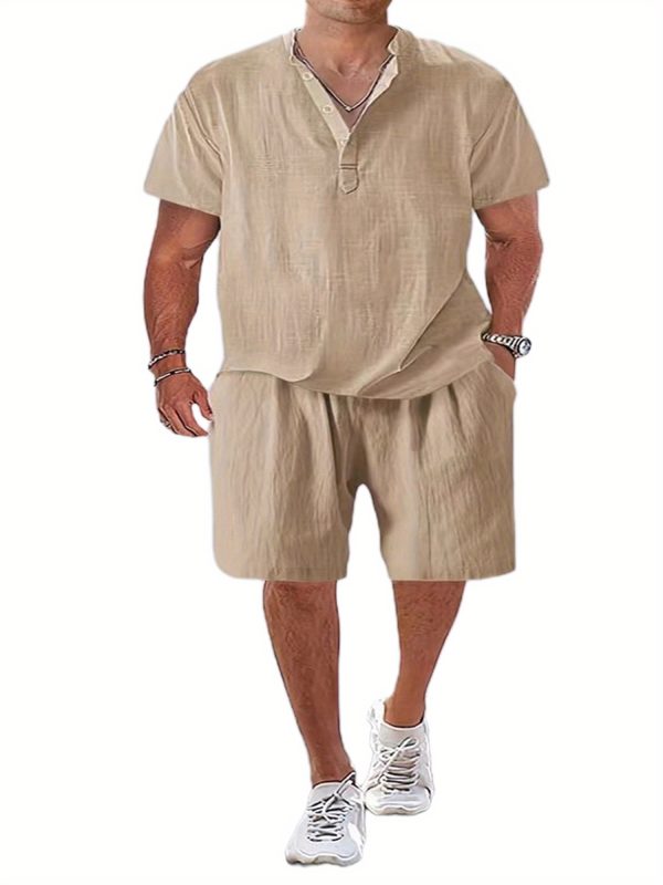 men outfits short sleeve casual outfits two piece sets button up tops solid color shorts set