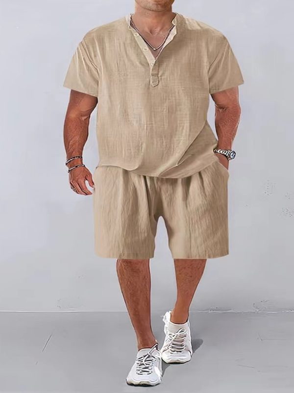 men outfits short sleeve casual outfits two piece sets button up tops solid color shorts set