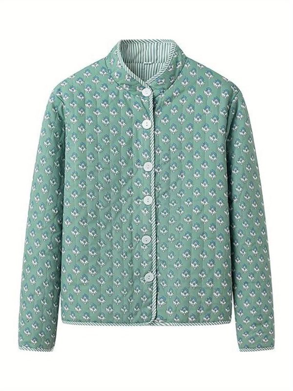 women's y2k floral quilted jacket double sided print, mock neck, long sleeve button coat, casual fallu002fwinter outerwear, machine washable, green & beige floral design, cute jacket