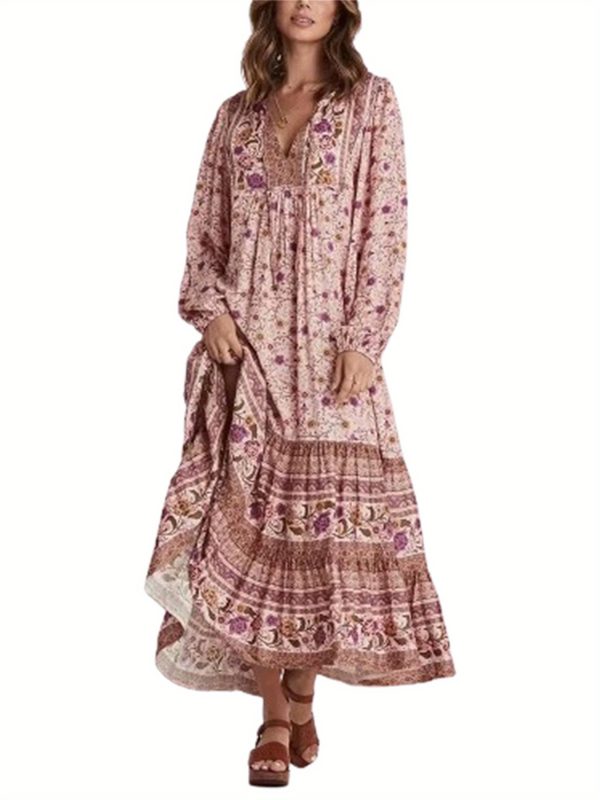 women bohemian long dresses floral print long balloon sleeves tie v neck tiered smock flowy a line dress