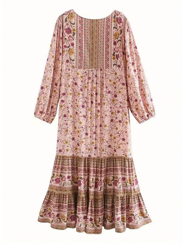 women bohemian long dresses floral print long balloon sleeves tie v neck tiered smock flowy a line dress