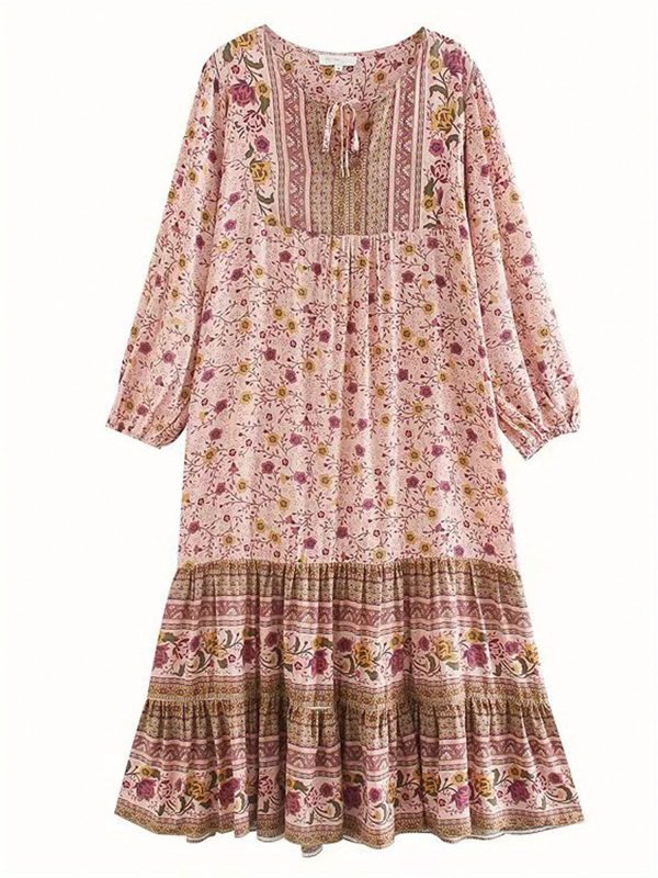 women bohemian long dresses floral print long balloon sleeves tie v neck tiered smock flowy a line dress