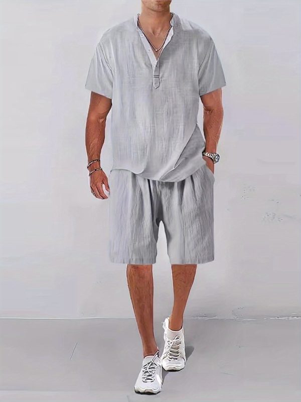 men outfits short sleeve casual outfits two piece sets button up tops solid color shorts set