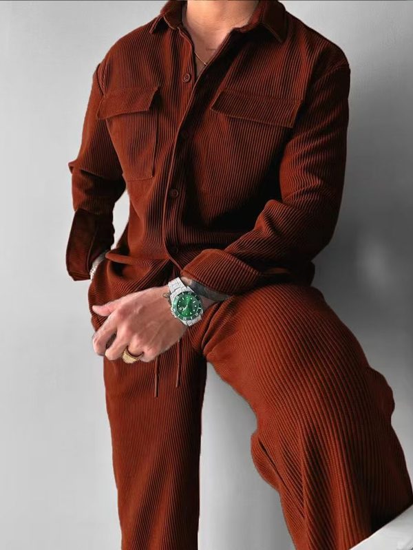 men's striped casual shirt set | new fashion roll button shirt with casual pocket drawstring trouser set for daily casual vacation