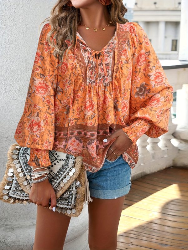 vibrant bohemian floral print v neck blouse for women chic long sleeve relaxed fit clothing for all seasons perfect for casual daily wear, outdoor activities & vacations