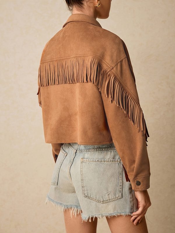 women's western lapel collar jacket with fringe hem & tassel details drop shoulder button front closure, all season casual coat, machine washable solid color long sleeve crop coat for women