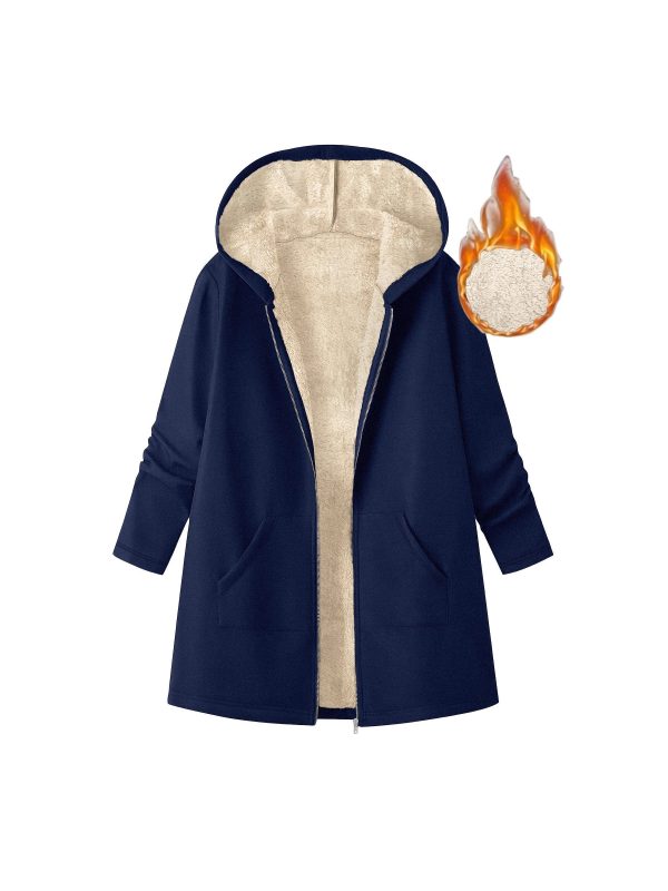 women's mid length hooded jacket cozy fleece lined casual outerwear with zipper closure, loose fit, solid color, long sleeve, perfect for fallu002fwinter, cozy fall jacket | hooded sweater | zippered jacket