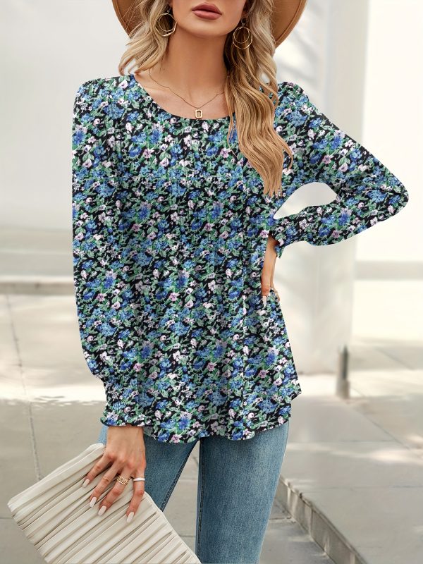 women's autumn puff long sleeve tunic tops pleated crew neck shirts blouses casual loose t shirts