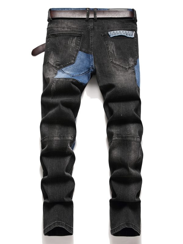 men's black tight stretch jeans, color fabric patchwork motorcycle jeans, stretch motorcycle rider pants