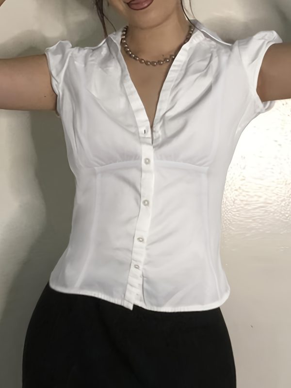 1pc elegant women's polyester lapel collar shirt solid color short sleeve slim fit button down top for all seasons
