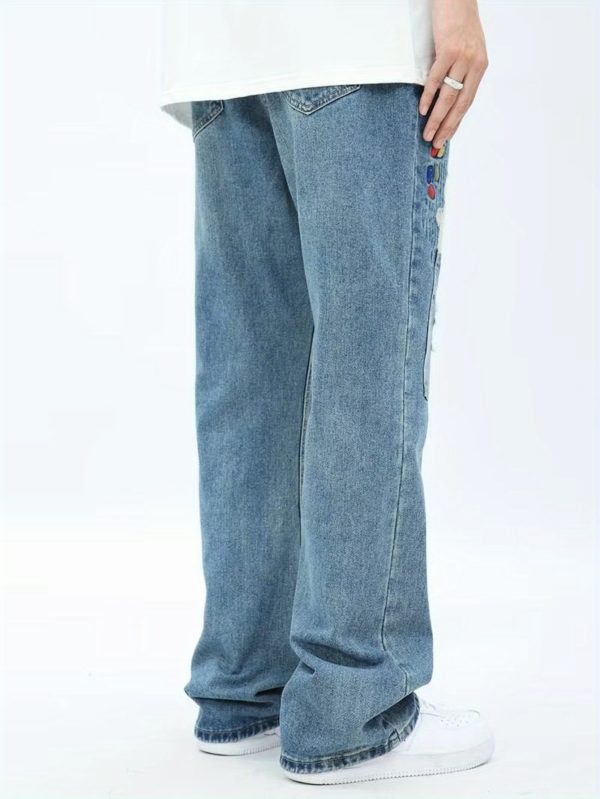 fashionable high street style ripped and patched jeans hip hop street embroidery straight casual pants
