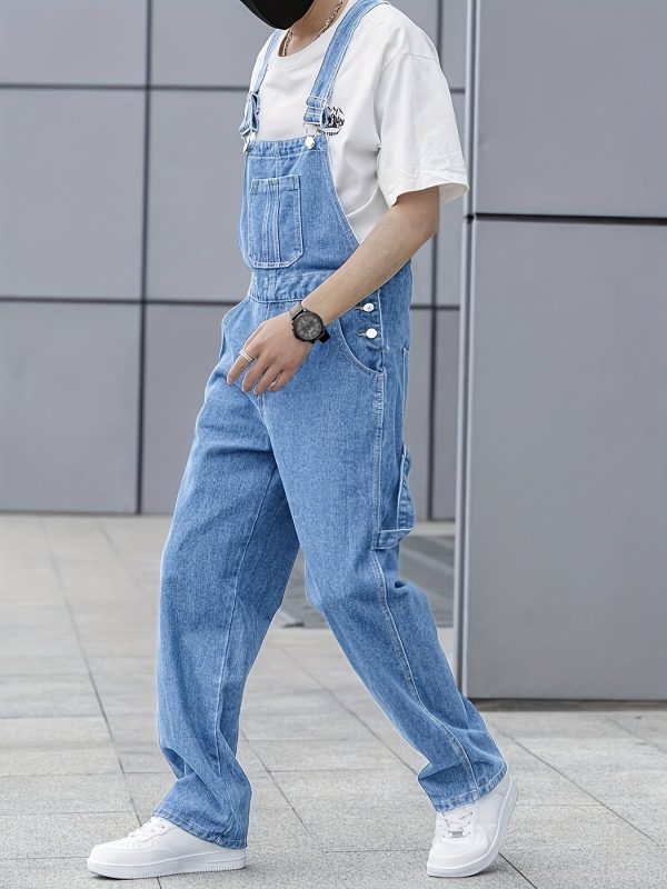 men's casual light blue denim overalls loose fit, adjustable straps, pockets, machine washable, all season comfort, relaxed outfit | classic overalls | washed texture
