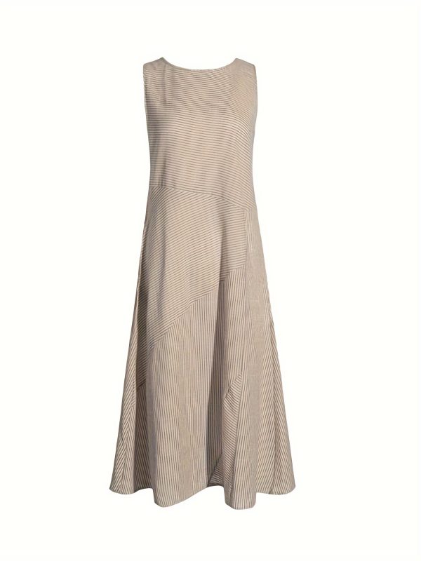 women's striped tank dress sleeveless round neck midi with pockets, casual summer wear, machine washable