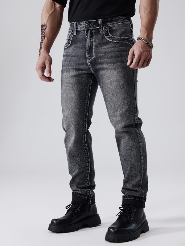 men's classic thick thread embroidery slim elastic four season jeans, esdvq
