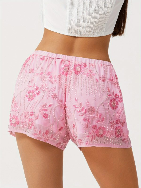 women's red sequin mini shorts with beaded floral design, elastic waist loose fit casual summer streetwear shorts machine washable, nontransparent fabric, vacation outfit, comfortable material, women