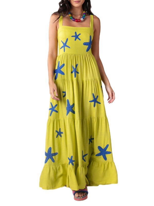 sleeveless square neck embroidered tiered midi slip dress for women