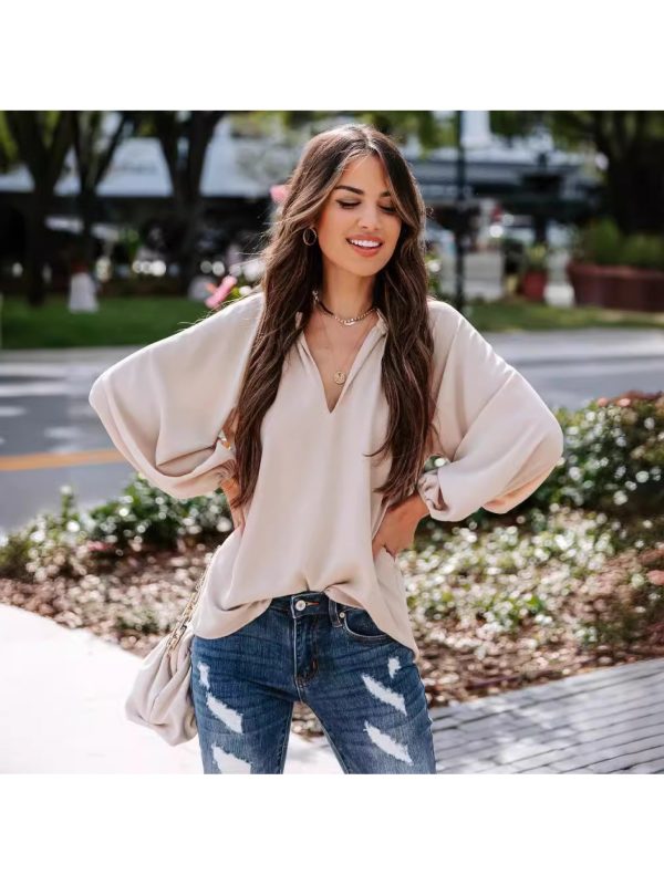women's elegant v neck long sleeve shirt solid black loose fit casual to semi formal top, lightweight breathable non stretch fabric for spring summer fall, versatile everyday & special occasion blouse