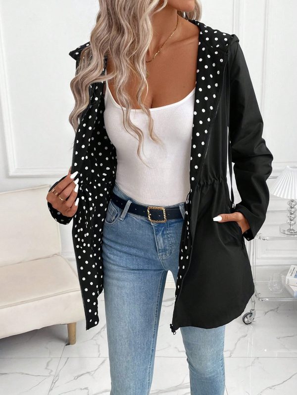 women's reversible hooded jacket high quality windproof long coat with front zipper closure, drawstring waist elegant loose fit outerwear for women (blacku002fwhite two tone) machine washable non stretch jacket