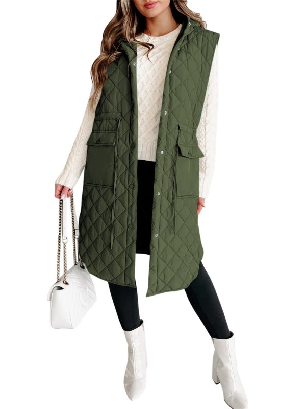 women's quilted hooded puffer vest warm sleeveless winter jacket with pockets, polyester, machine washable, coats, long