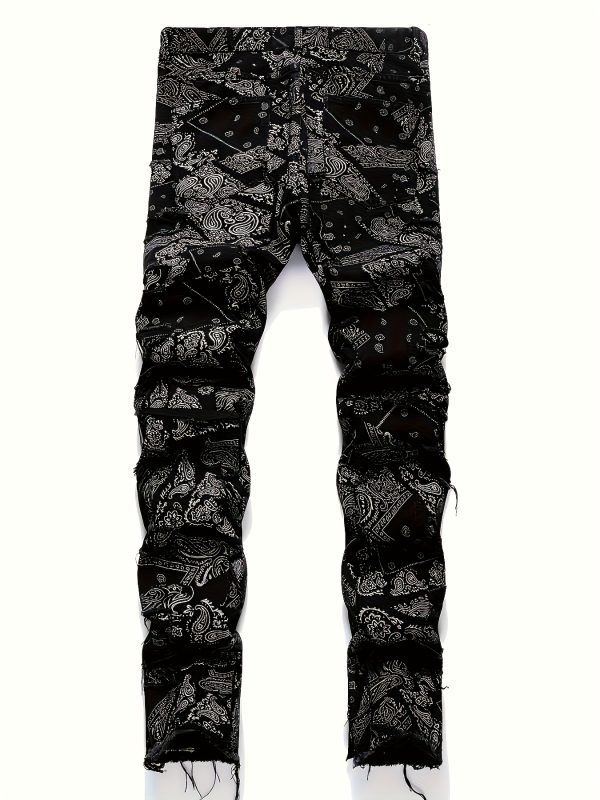 men's elastic waist, trendy fringed print distressed denim pants