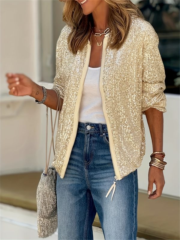women's glamorous golden sequin jacket elegant party blazer, loose fit coat for women, easy hand wash evening outfits & everyday chic, autumn wardrobe, shimmering design, durable construction, statement piece, trendy outfits