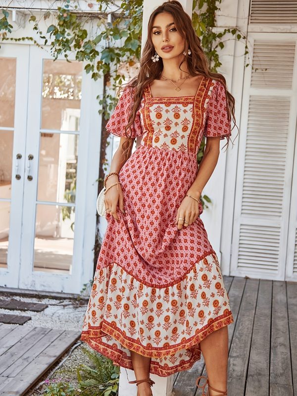 french printed square neck dress